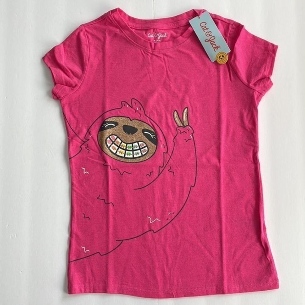 Cat & Jack Pink Sloth with Rainbow Braces Shirt‎ - M (7/8)